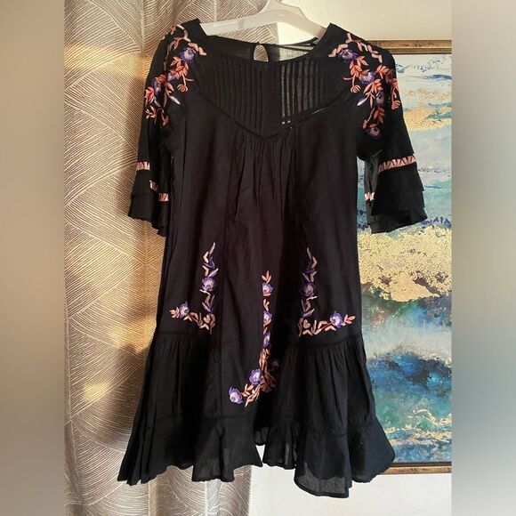 Free people black pavlo dress boho embroidered size S/P - Picture 6 of 16